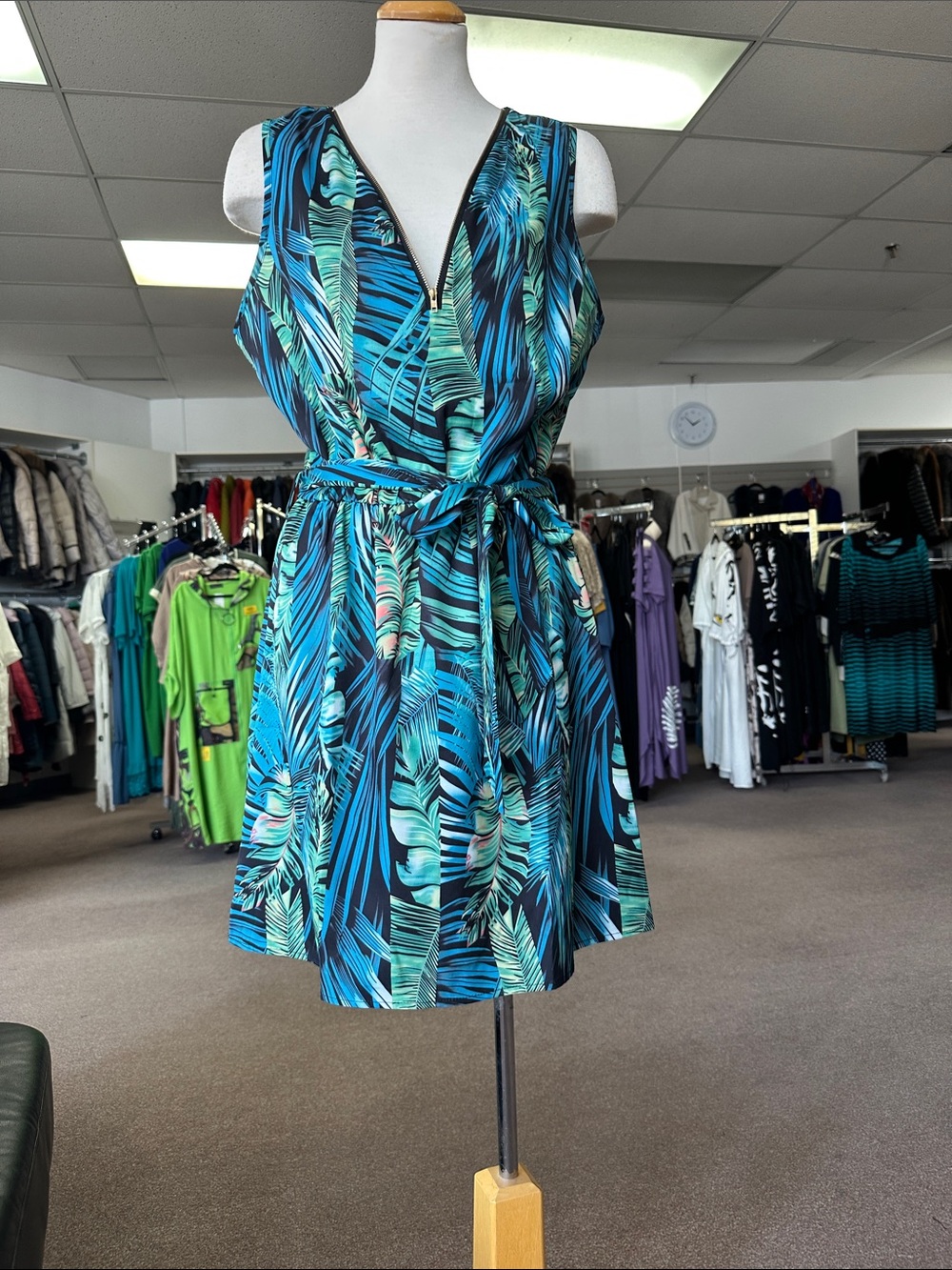 Blue Tropical Print Sleeveless Wrap-Style Mini Dress with Waist Tie